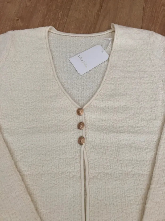 Haut petit pull beige bouton doré tendance été - photo numéro 2
