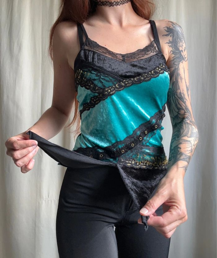 Débardeur velours dentelle Whimsical féerique vintage 90s - Taille M - photo numéro 3