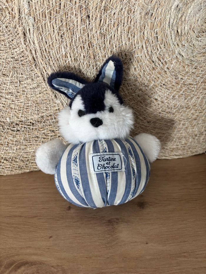 Doudou vintage lapin boule bleu marine blanc tartine et chocolat