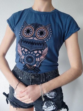 Tee-shirt bleu hibou bohème rose pastel y2k / FB Sister - 34/XS à 36/S