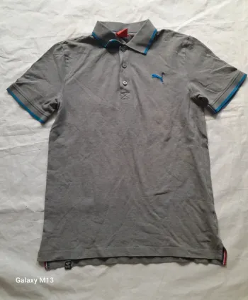 Polo homme gris et bleu Puma logo brodé taille S