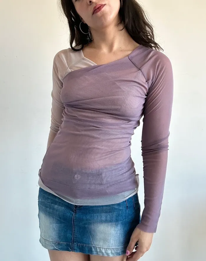 Haut vintage y2k années 2000 mauve et beige drapé transparent taille S - photo numéro 3