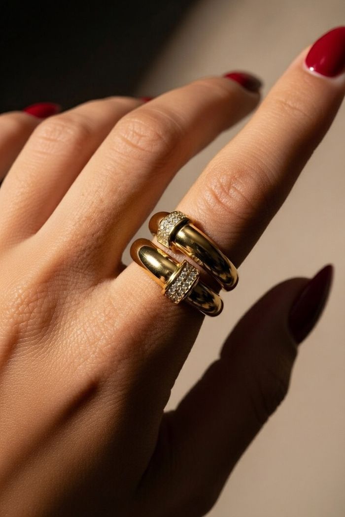 Bague Double Anneaux Dorée Ajustable – Acier Inoxydable & Strass - photo numéro 2