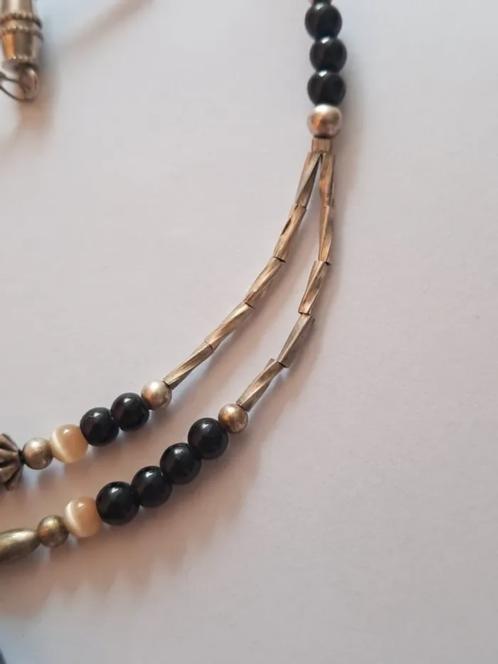 Collier 2 rangs perles argentées et pierres naturelles - photo numéro 4