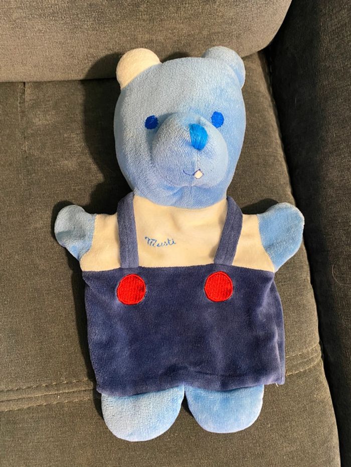 Peluche doudou marionnette Musti Mustela bleu