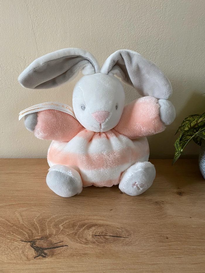 Doudou peluche lapin boule blanc rayé rose créations tendres & douces kaloo neuf