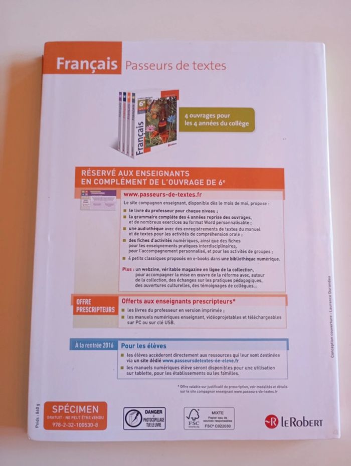 Manuel Français 6è : Passeur de textes (2016) - photo numéro 2