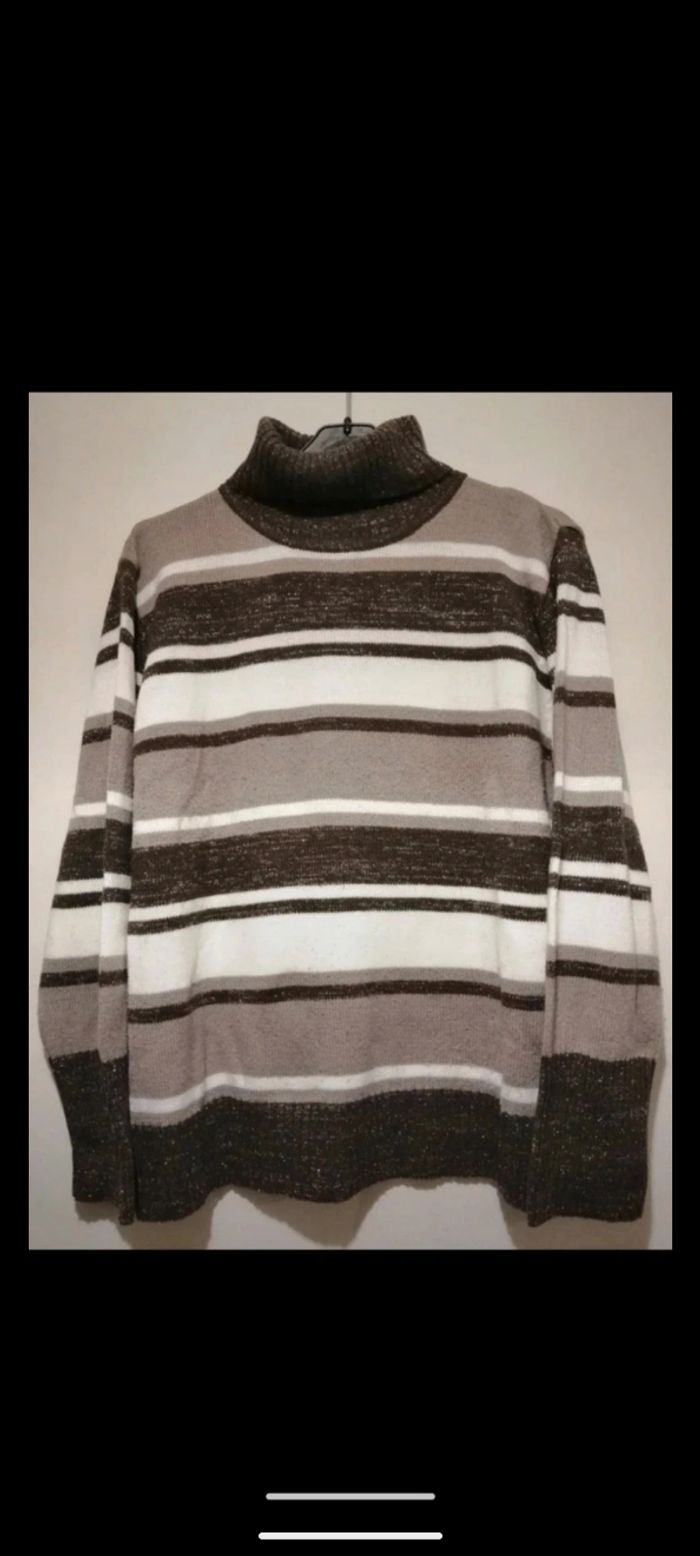 Pull col roulé vintage Women Only à rayures marron. Taille XL - photo numéro 2