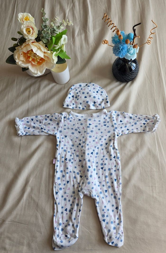 LuluCastagnette Lot Pyjama Bonnet Body Coton Blanc Violet Très bon état 3 mois - photo numéro 3