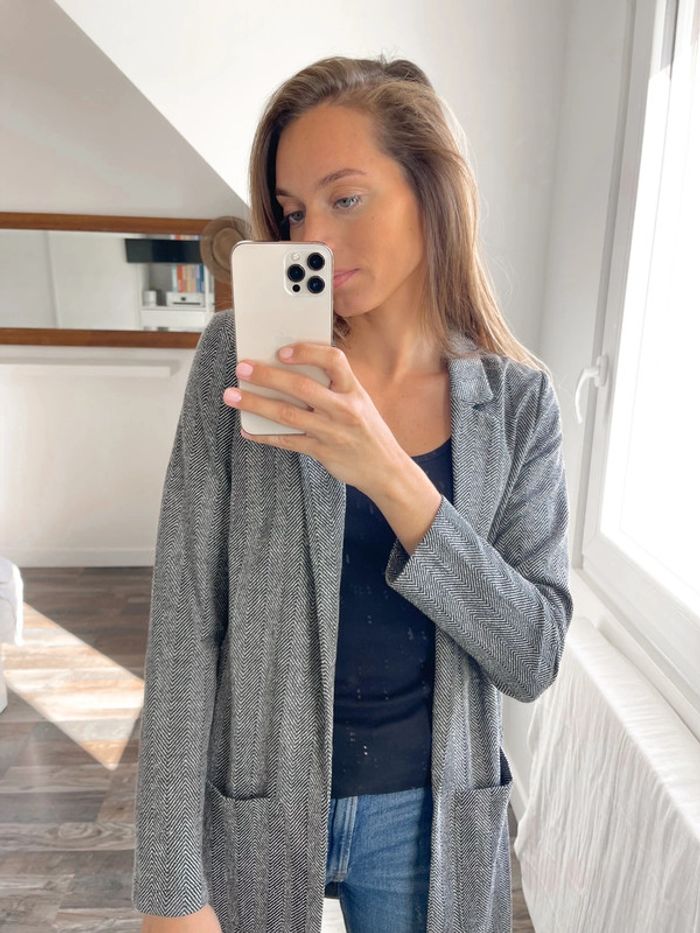 Blazer veste longue à motifs chevrons gris et noir H&M neuve - photo numéro 5