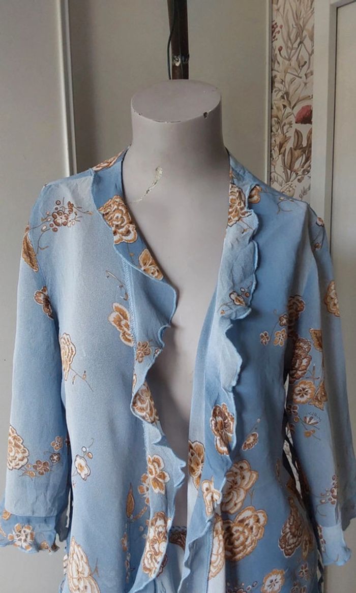 Superbe ensemble fluide Vintage bleu fleuri marron jupe et veste boléro T40 - photo numéro 6