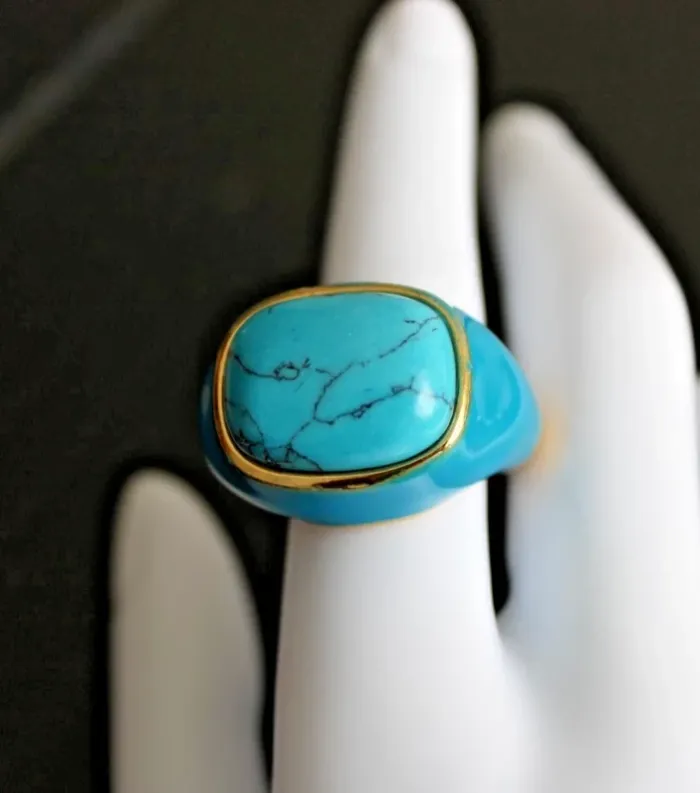 grosse bague cabochon en acier inoxydable doré et turquoise