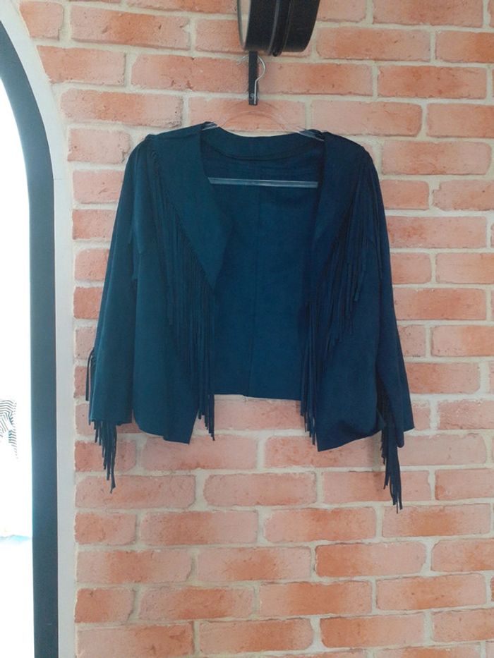 Veste courte à franges bleu foncé- T.  L/XL