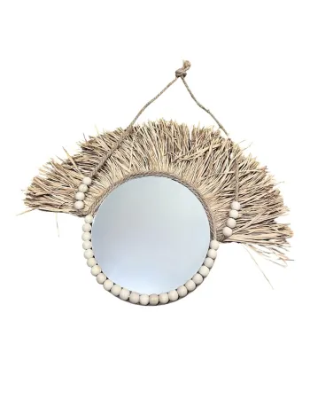 Miroir rond en paille et perles à suspendre - 20 cm Neuf