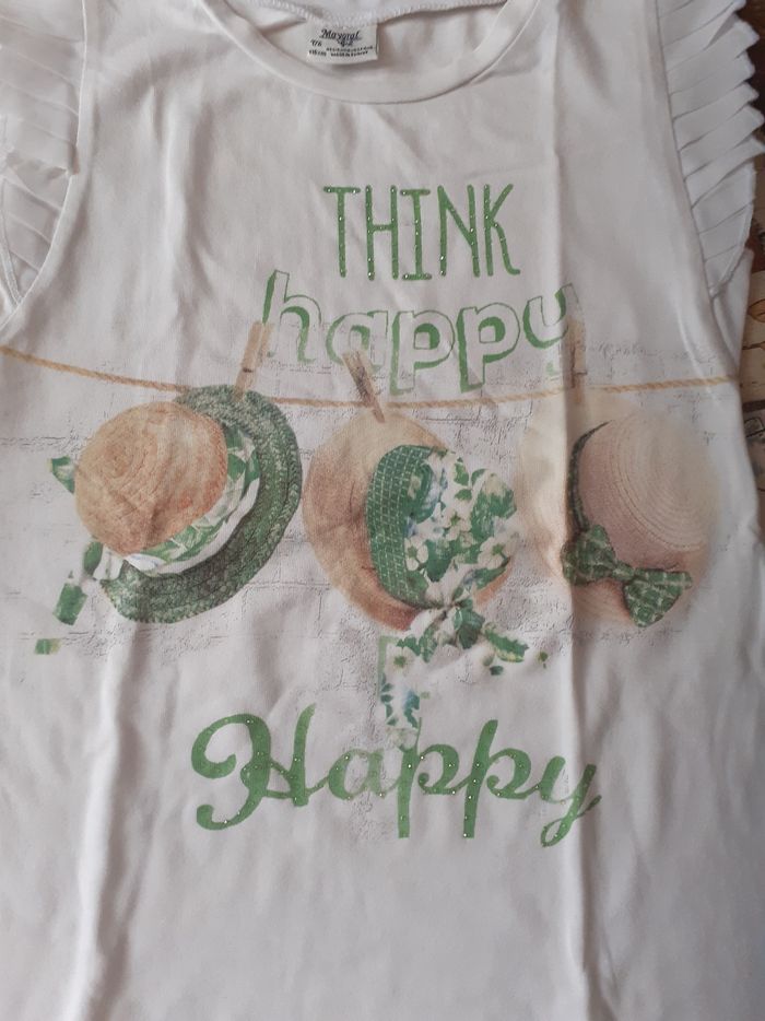 Tee-shirt blanc avec strass verts motif 3 chapeaux et manches volantées - photo numéro 4