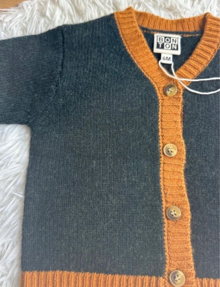 Cardigan vert anglais et marron Bonton taille 6 mois - photo numéro 2