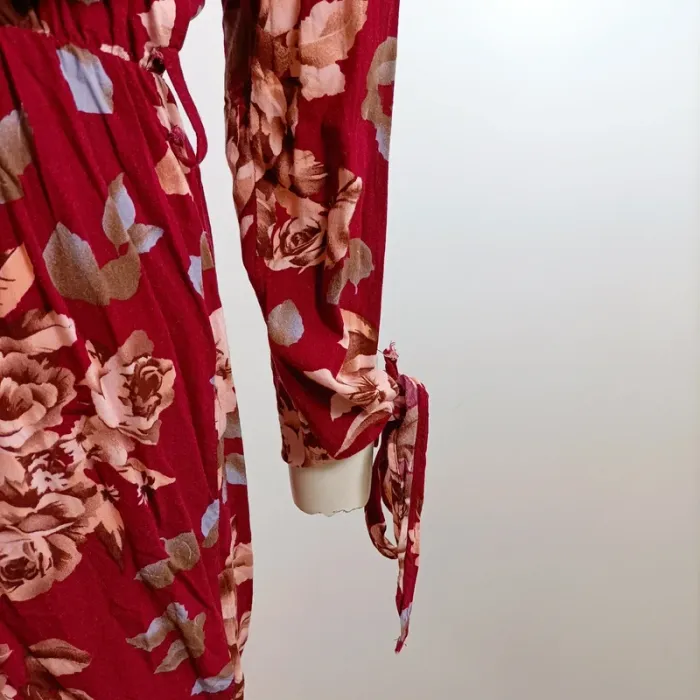 Combishort rouge fleuri décolleté cache-cœur taille XL manches longues nouées A1561 - photo numéro 4