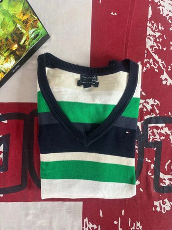 Sweat col V Tommy Hilfiger taille S/M blanc bleu marine vert