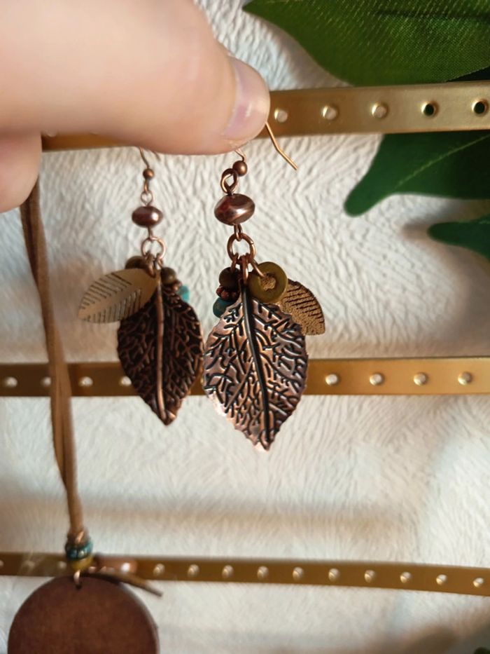 Parure collier + boucles d’oreilles – Style bohème feuilles - photo numéro 6
