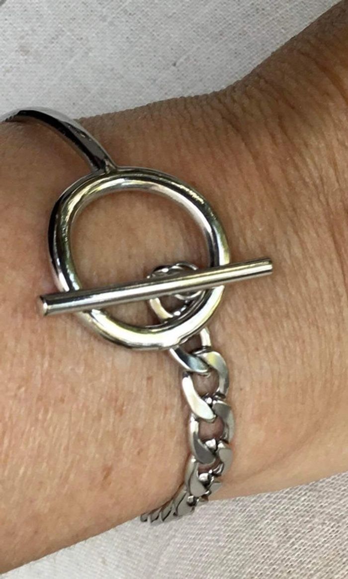 Bracelet mi jonc mi chaîne épaisse réglable cercle tige acier inoxydable argent - photo numéro 2