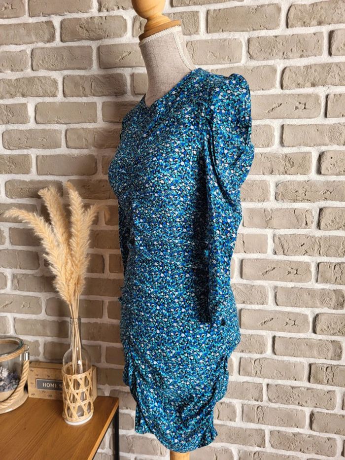 Robe bleue fleurie Zara fronces et manches ballon - photo numéro 6