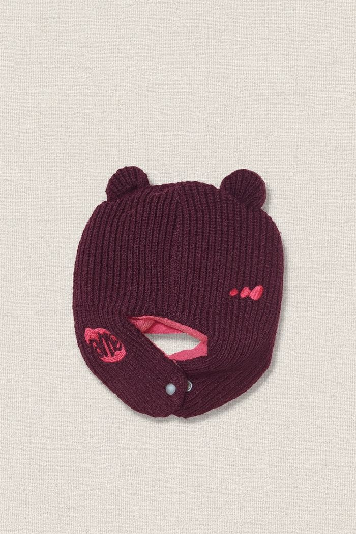 Bonnet chaud bébé fille violet avec oreilles & visage rigolo – doublé polaire - photo numéro 2