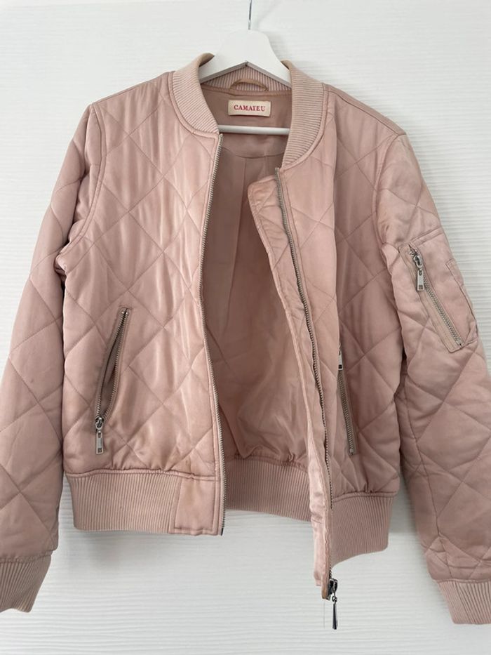 Bomber veste rose poudrée matelassée coupe-vent avec fermeture éclair et poches - photo numéro 2