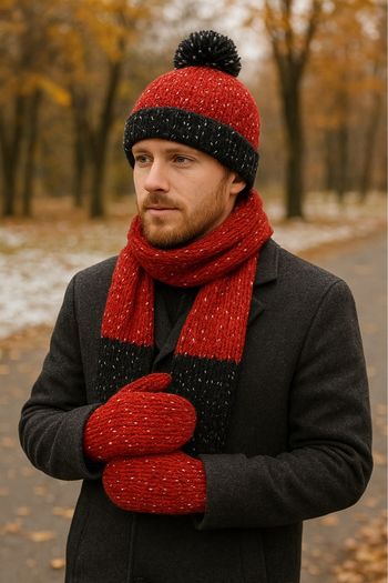 Lot bonnet écharpe moufle rouge noir - Neuf - intérieur polaire