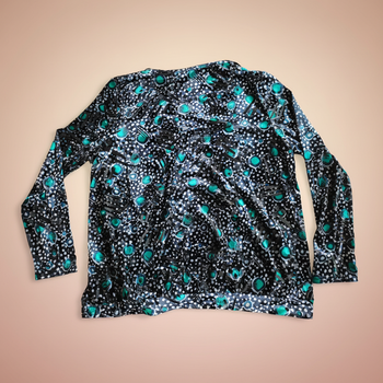 Tunique - blouse femme Taille 5 (XL XXL) Imprimé noir turquoise Col V Liens à nouer