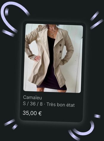 Veste Camaïeu Porté une fois comme neuf  Etiquette taille et composition coupée car trop longue  Tout doublé  Détails cf photos Prix d'achat 60€