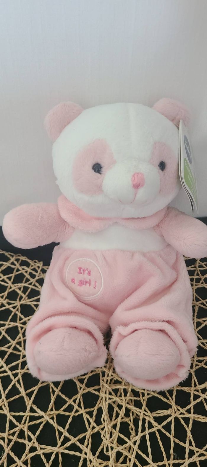 doudou ours panda rose et blanc assis sidj - peluche ourson it's a girl 22 cm - photo numéro 2