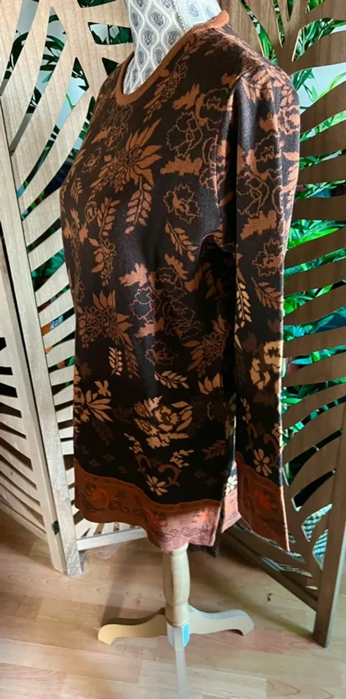 Pull en laine merinos motif à fleurs marron beige orange taille 3 44 lewinger chaud - photo numéro 4