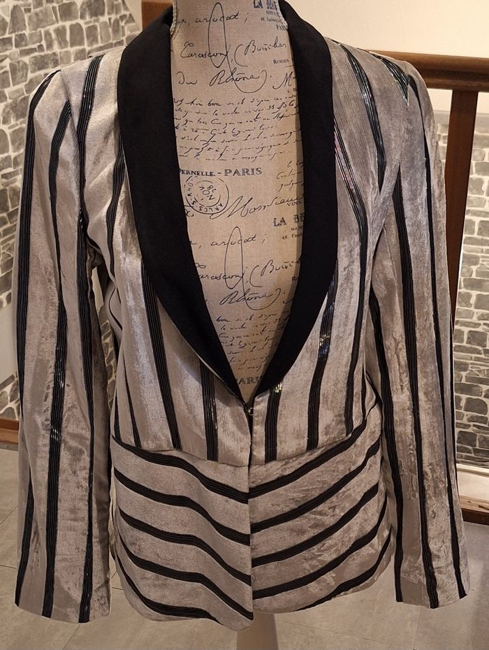 Magnifique blazer argenté et noir à rayures brillantes idéal pour les fêtes