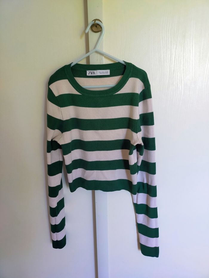 Pull court femme/fille taille S rayé blanc et vert marque ZARA