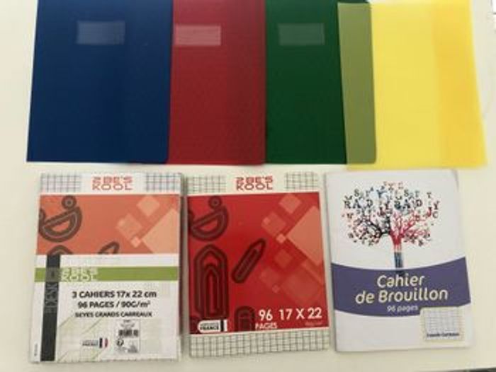Lot petits cahiers + protège cahiers + feuilles