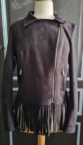 Veste noir à franges taille 42 effet daim au touché