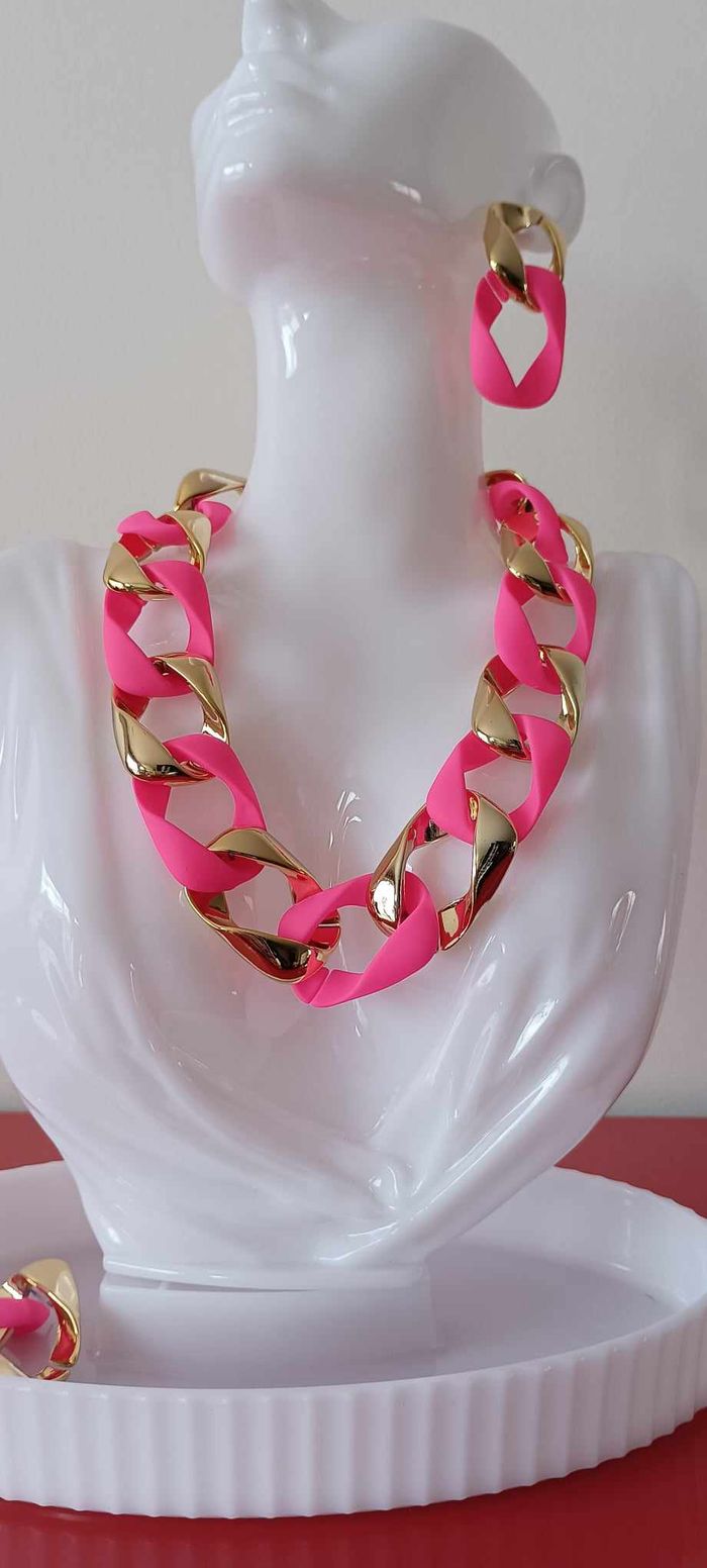 Collier et boucles d'oreilles fantaisies roses et dorés en Acrylique - photo numéro 6