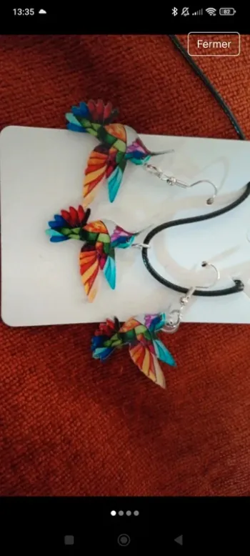 Collier pendentif boucles d'oreilles oiseaux colibris