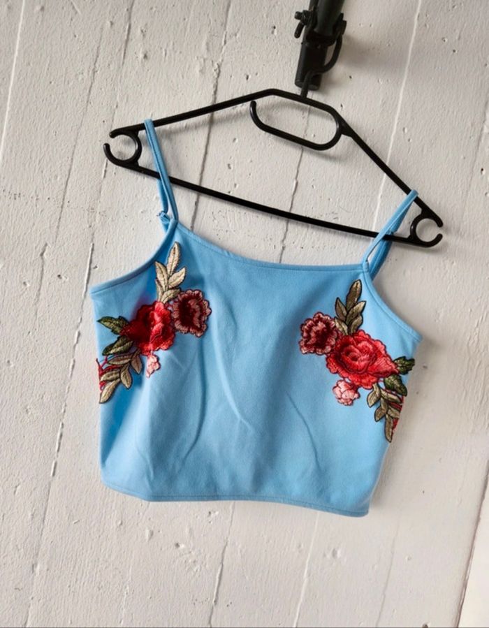 Top bustier fleuri Cherry Koko Ouverture glissière au dos Fleurs appliquées brodées Bretelles fines réglages - photo numéro 4