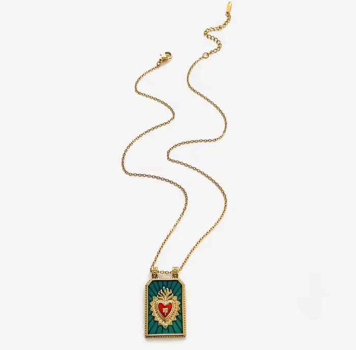 Collier pendentif rectangulaire doré émail vert et cœur rouge – Acier inoxydable - photo numéro 3