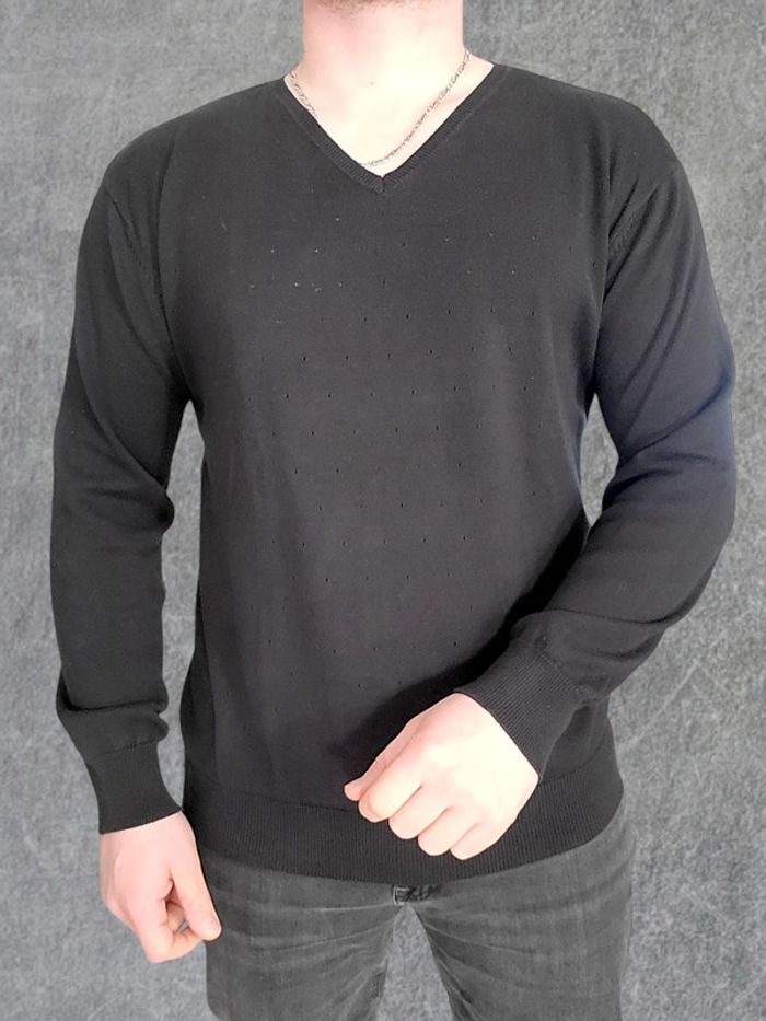 Pull fin noir nid d'abeilles 100% coton col V - XL - photo numéro 3