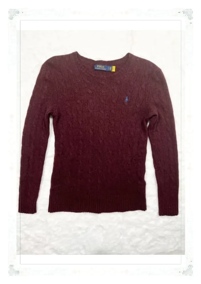 Ralph Lauren pull femme laine mérinos torsadé bordeaux col rond taille S (étiquette coupée) - photo numéro 2