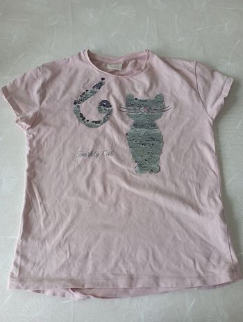 Tee shirt rose manches courtes avec chat en beabs 9/10 ans Zara