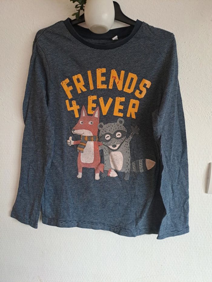 Tee-shirt manches longues garçon rayé bleu marine friends renard raton laveur C&A 8 ans