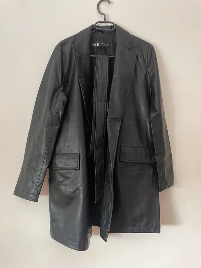 Zara Veste blazer mi-long en similicuir ceinturée taille XS - photo numéro 12