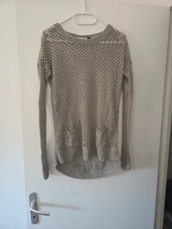 Pull femme manche longue trou col rond beige TBE taille L Kwoman