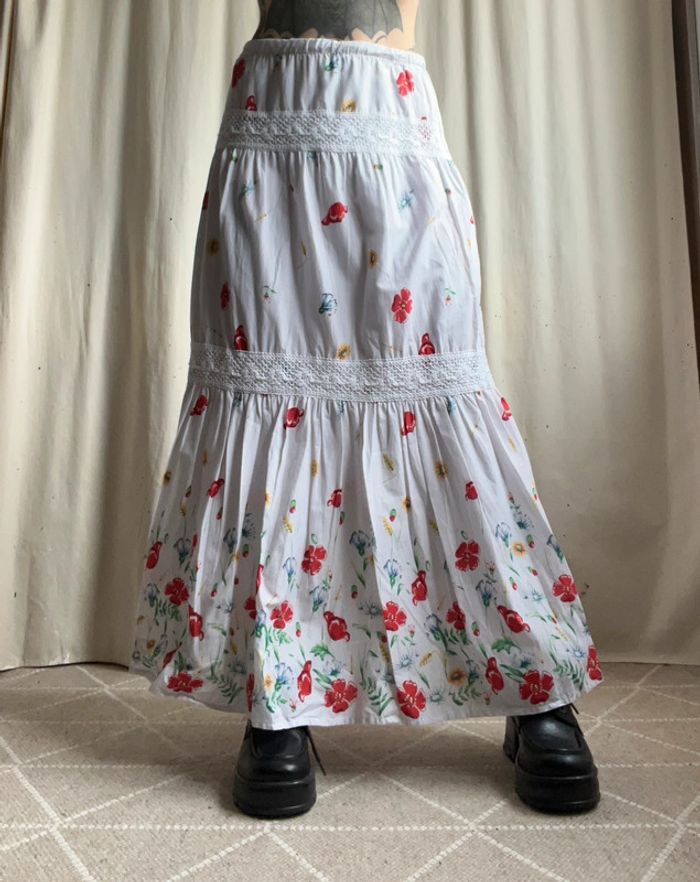Jupe longue blanche fleurie boho Cottagecore vintage Hippie - Taille S/M