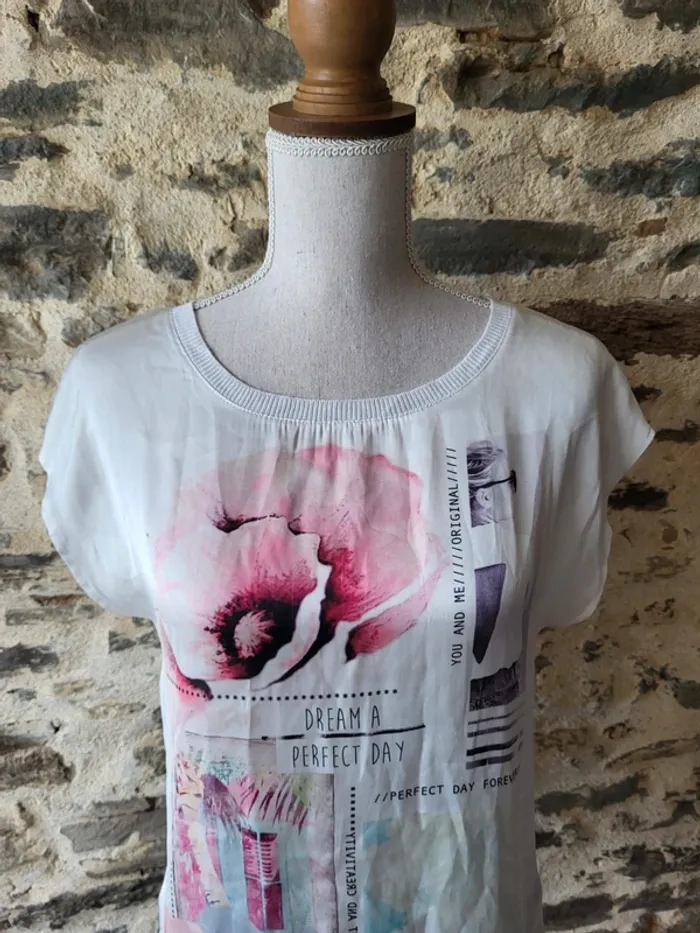 T-shirt manches courtes à motifs blanc et rose Camaïeu Taille 34 36 - photo numéro 2
