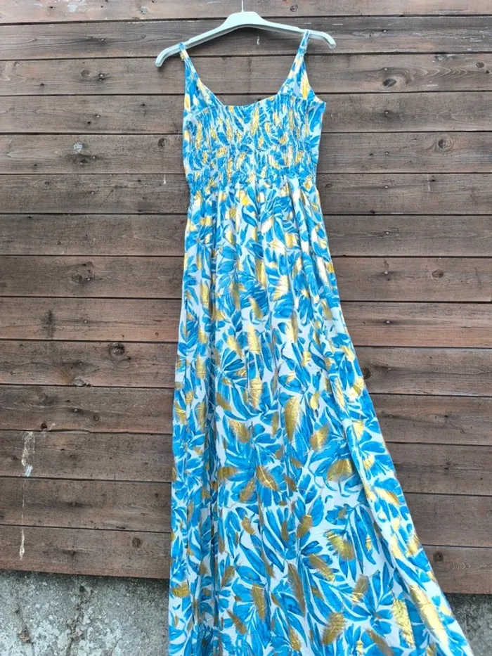 Robe longue imprimée bleue et feuilles dorées été taille 40/42 - photo numéro 6