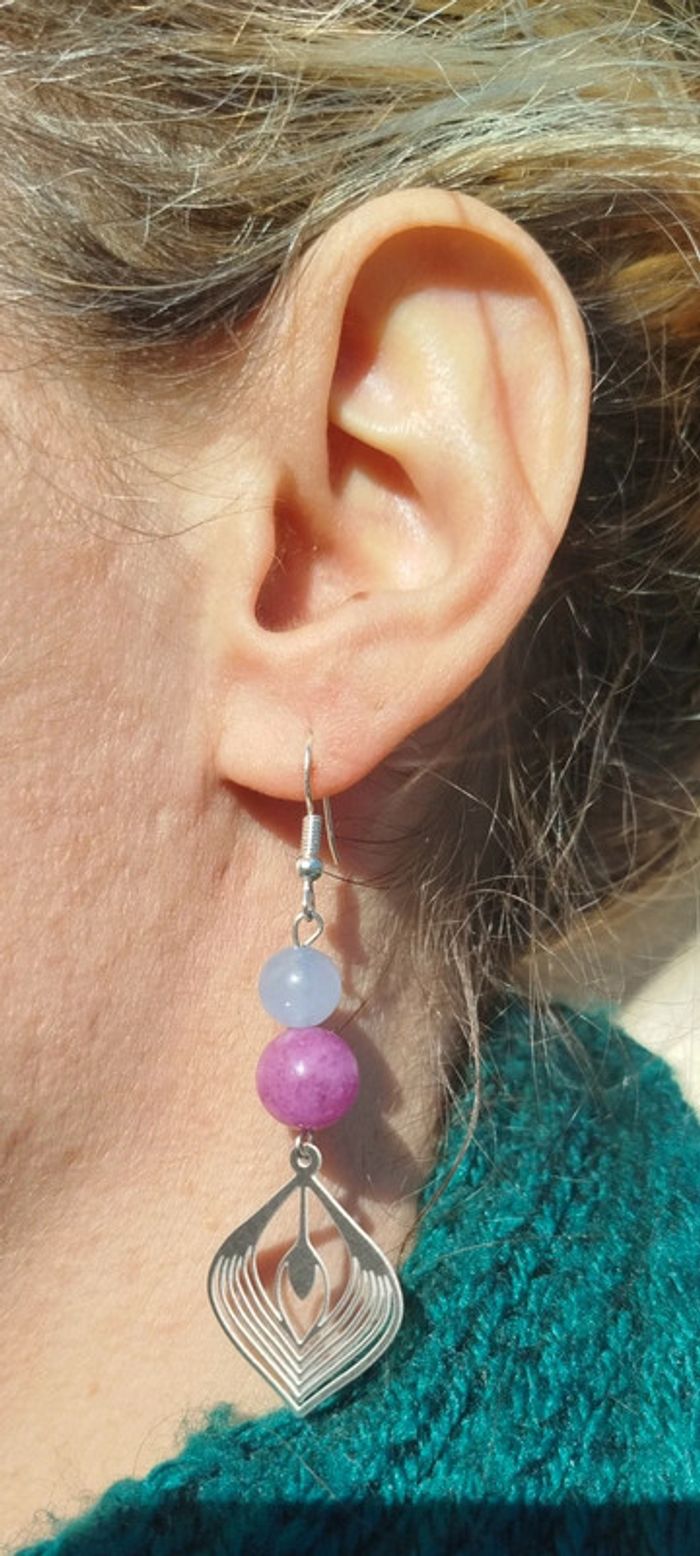 Boucles d'oreilles ''flame of life''Lepidolite et Aigue-marine - photo numéro 3